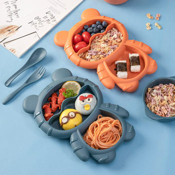 Cartoon children's plastic dinner plate baby complementary food feeding tableware compartment plate with spoon Fork bowl four-piece tableware