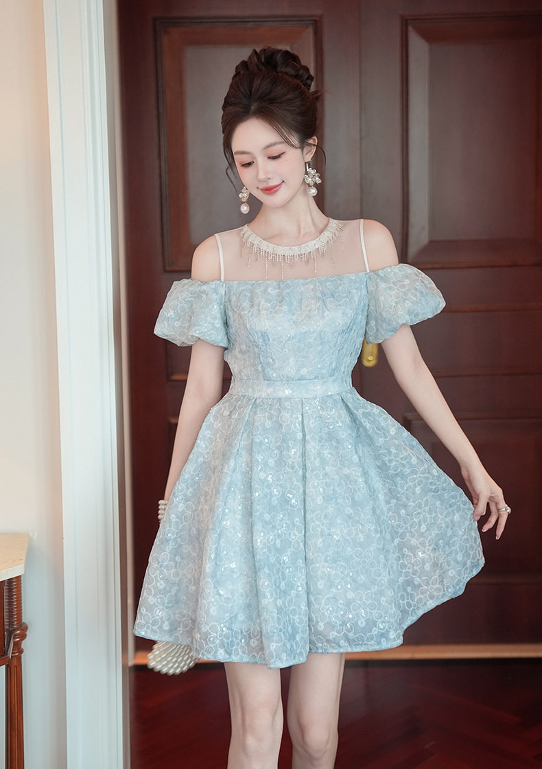 Đầm ren nữ tay bồng cổ tròn A chữ A dáng midi — [Xanh dương] chi tiết 7