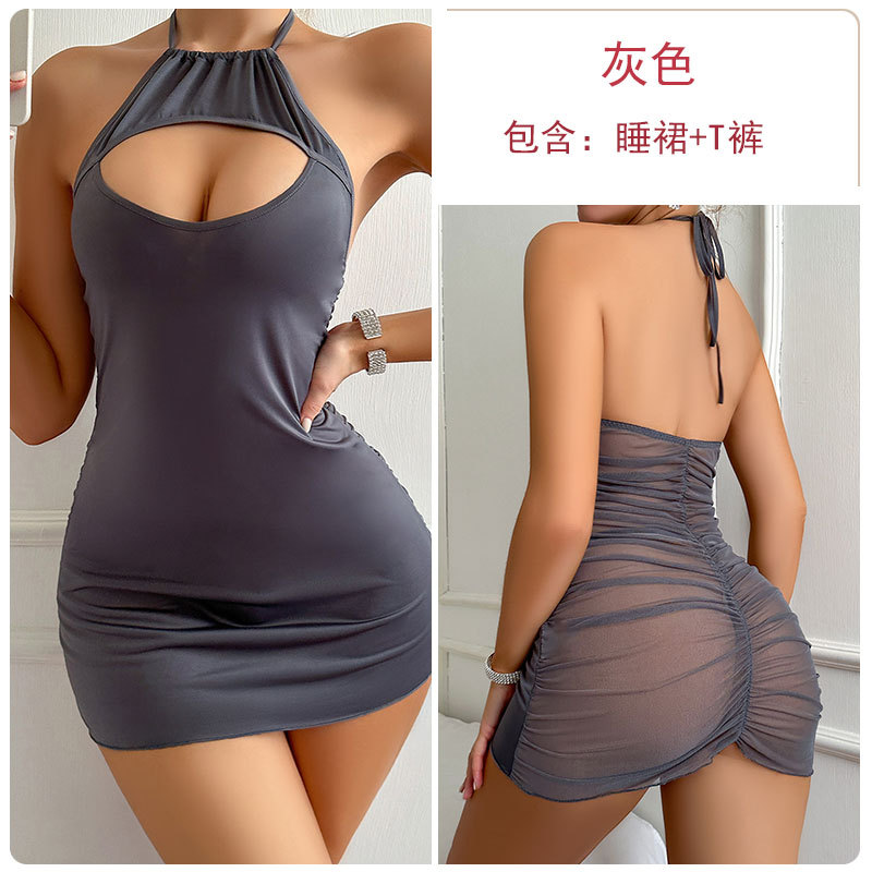 瑰若外贸情趣内衣火辣胸部镂空深V轻薄网纱女士睡裙制服套装F4019