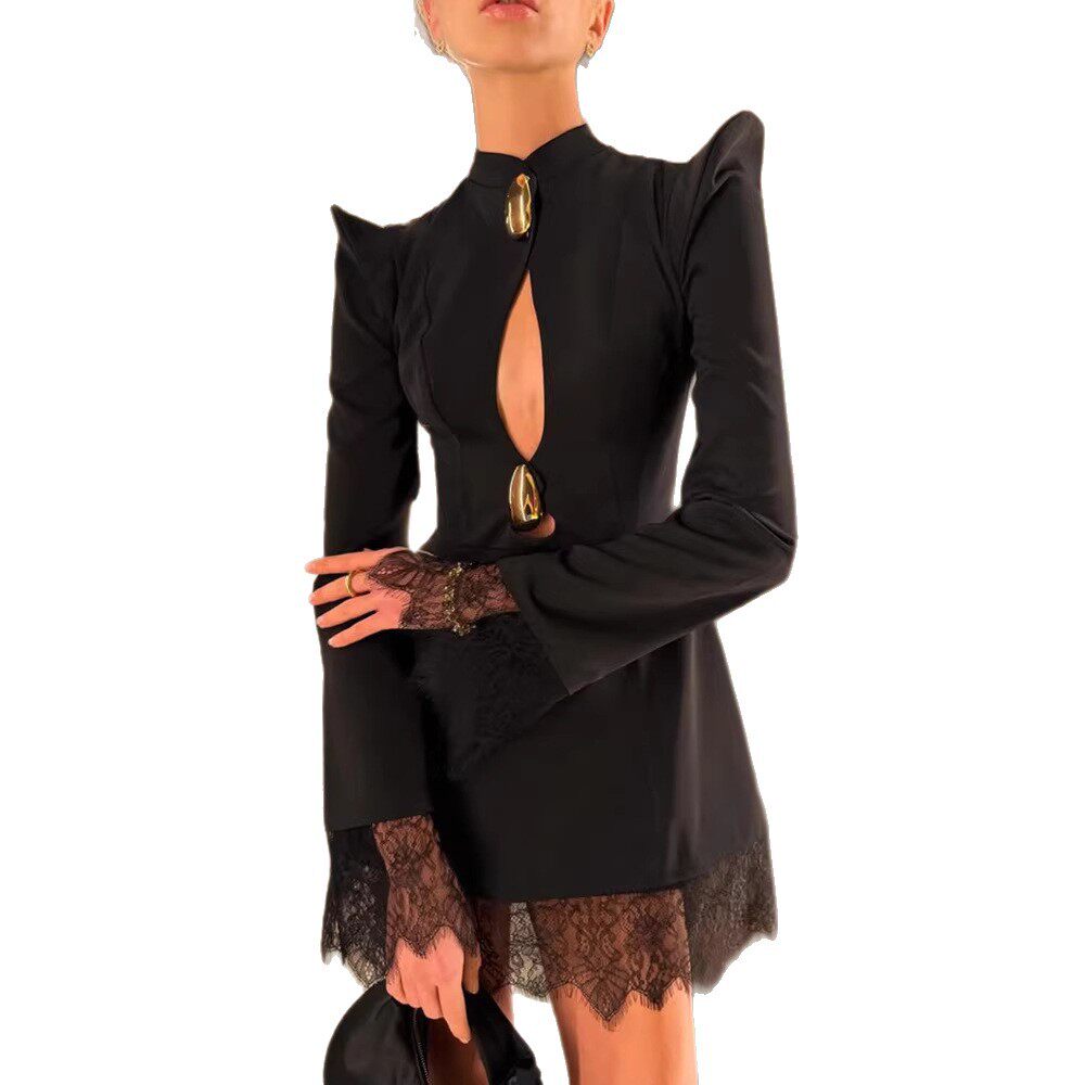 Elegant Hollow Out Long Sleeve Dress Sexy Design Shoulder Pads Waist Cinching Solid Color Perfect for Parties or