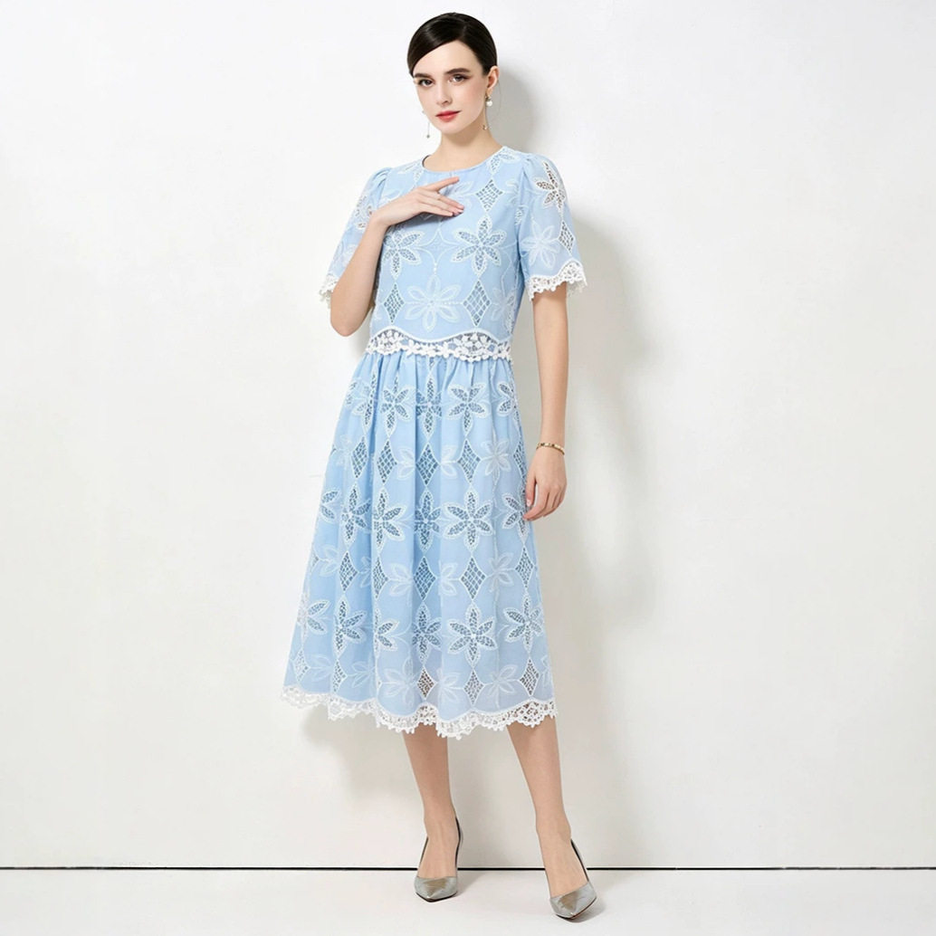 French Style Lace Hollow Short Sleeve Top with High Waist Slimming Skirt Set Elegant Soft Chic Perfect for Spring
