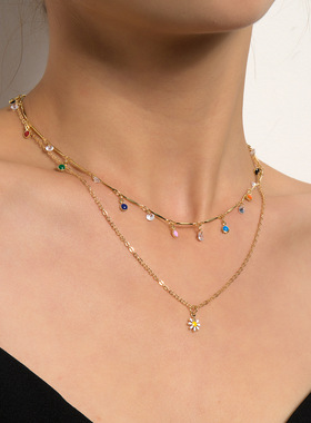 欧美跨境饰品 时尚复古小雏菊吊坠 简约个性女款镶钻项链锁骨链