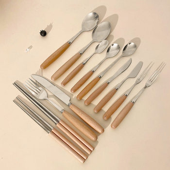 Cross-border Japanese Stainless Steel Steak Knife and Fork Spoon Creative Wooden Handle Dessert Spoon Small Fork Fruit Fork Western Food Tableware