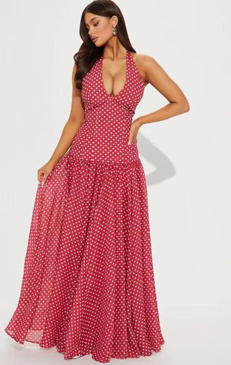 Polka Dot Watermark Backless Dress Slim Fit Halter Neck Elegant Style Summer Collection Wholesale Available