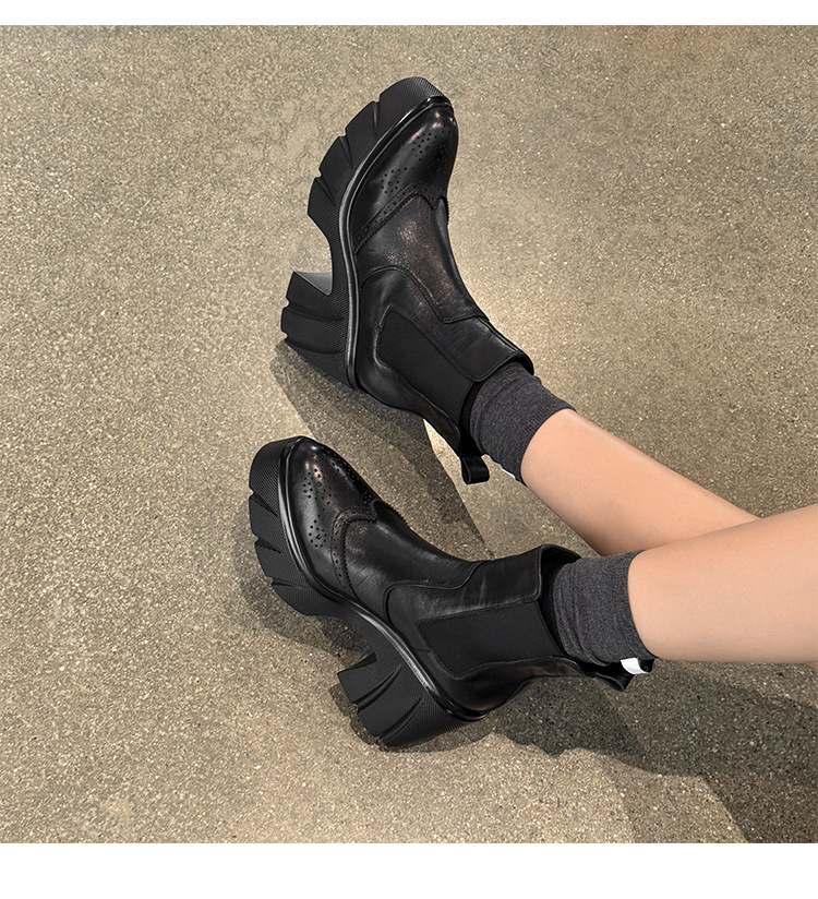 Boot nữ cổ ngắn gót 10cm mũi nhọn đế dày phối khóa chun — Lớp lót da màu đen, Lót nhung đen