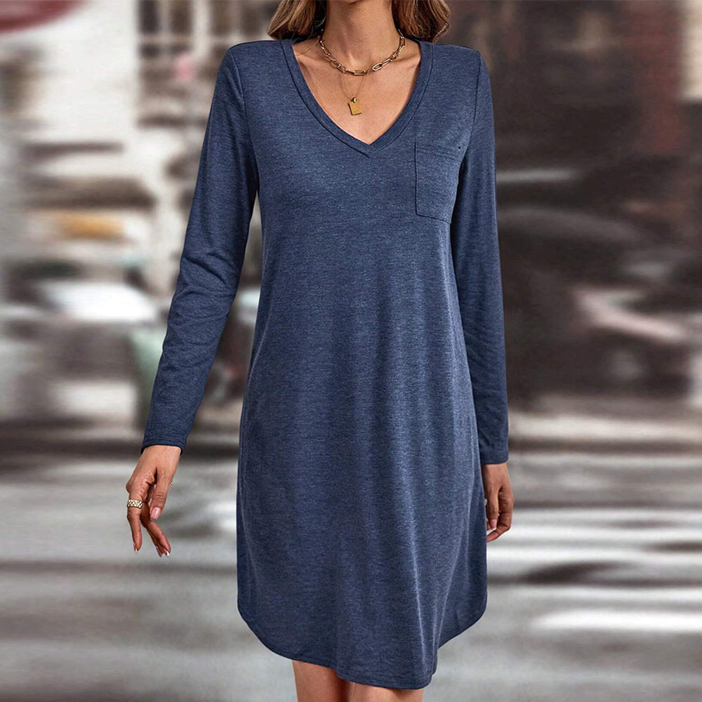 Loose Fit Solid Color Long Sleeve Dress V Neck Casual Style Spring Summer Fashion Wholesale Available