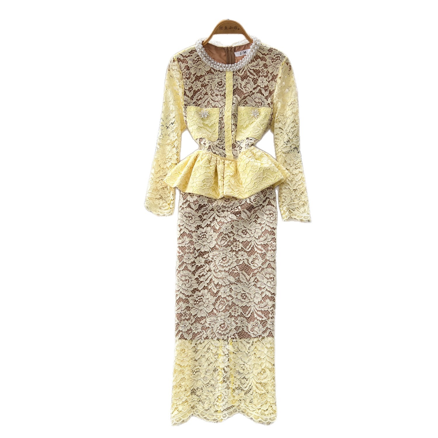 Lace Ruffle Hem Long Sleeve Dress Slim Fit High Waist Elegant Style Perfect for Office and Autumn Events Wholesale