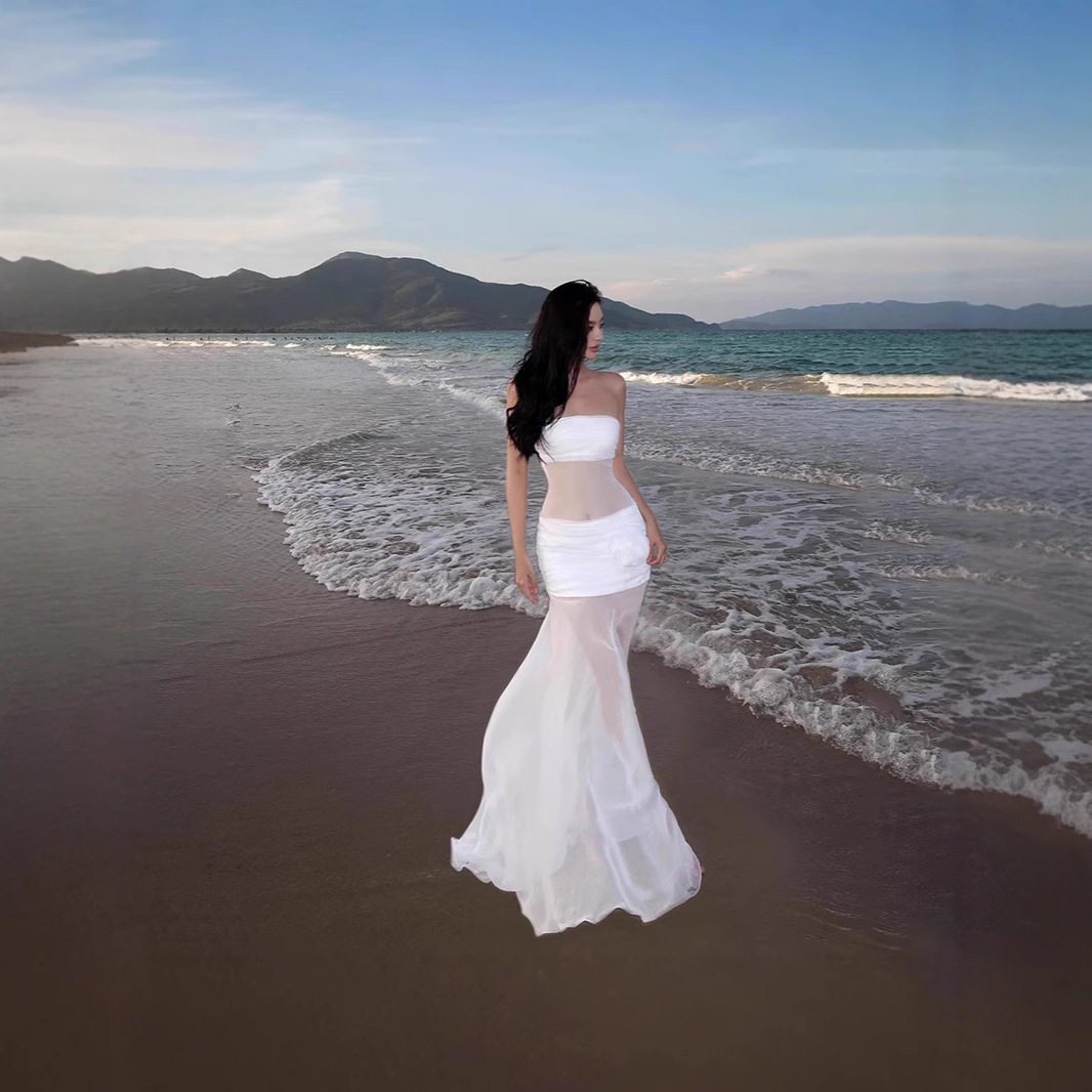 Chic White Mesh Strapless Maxi Dress Elegant Fit Soft Fabric Beach Vacation Style Available for Wholesale