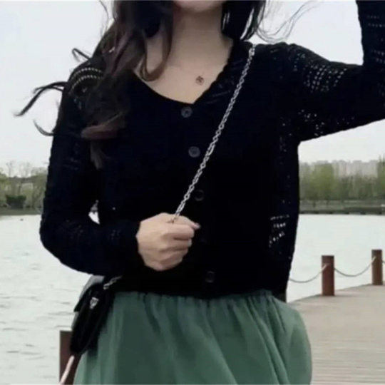 Ice Silk Knitted Cardigan for Women 2025 New Summer Cut Out with Suspender Dress Long-Sleeved Short Shawl Sun Protection Clothing