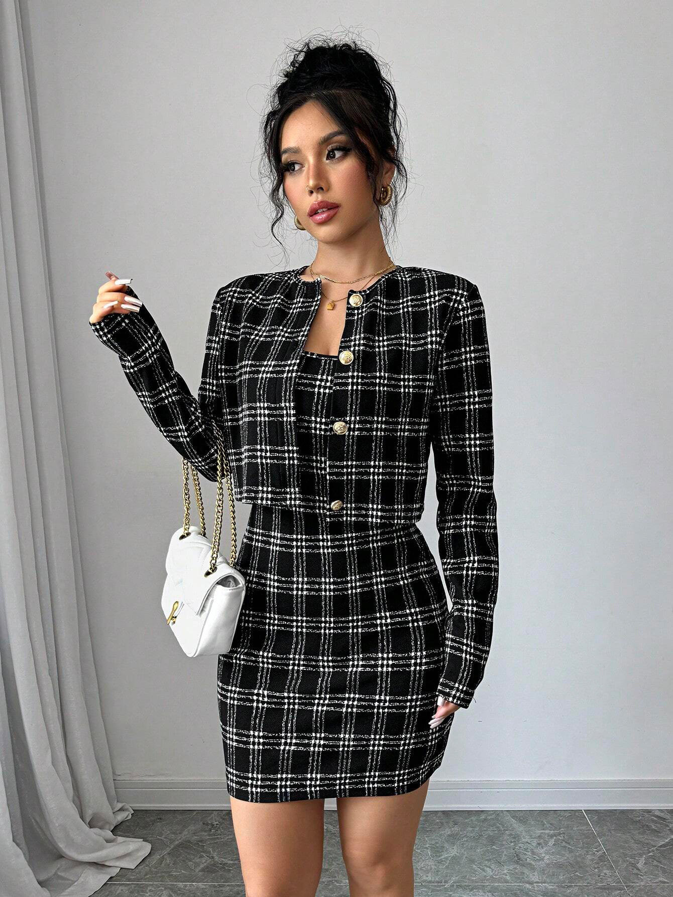 Black and White Plaid Two Piece Set Slim Fit Waist Cinching Elegant Style Perfect for Parties and Social Events