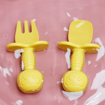Baby Silicone Licking Fork Spoon Baby Training Predator Fork Spoon Short Handle Learning Molar Artifact Silicone Soft Fork Spoon