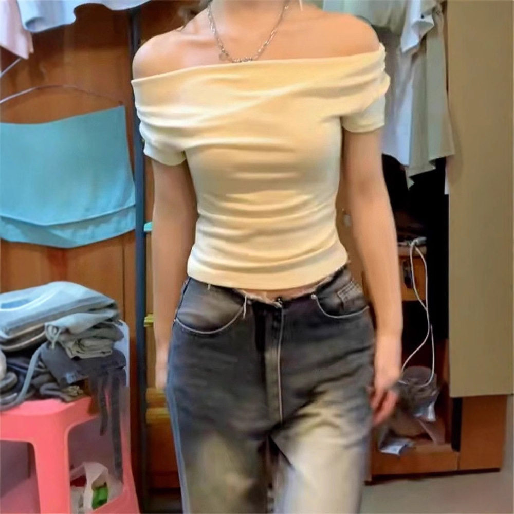 Off Shoulder Short Sleeve T Shirt for Women Summer Slim Fit French Style Sweet and Spicy Wholesale Available