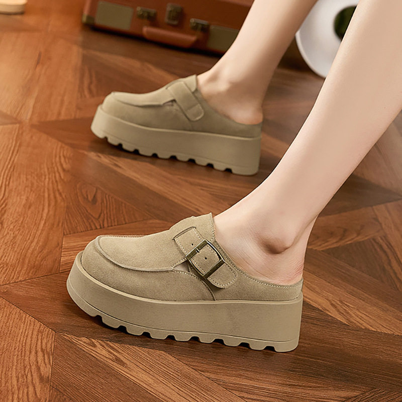 Dép sandal nữ đế platform da bò thật phong cách Birkenstock — Lạc đà, Mơ