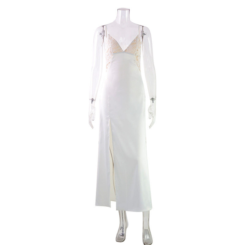 V Neck Satin Maxi Dress French Style Elegant Design Color Block Summer Fashion Wholesale Available