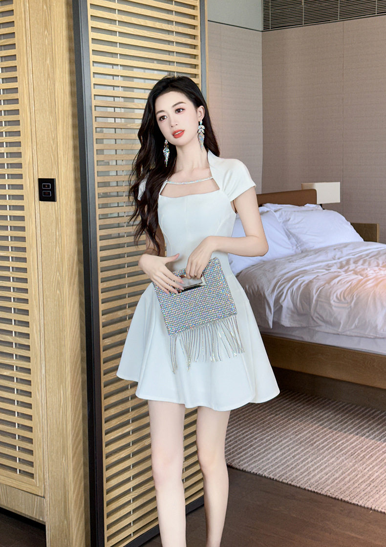 Đầm suông nữ midi cổ vuông phong cách Pháp tay ngắn — [Trắng] chi tiết 15