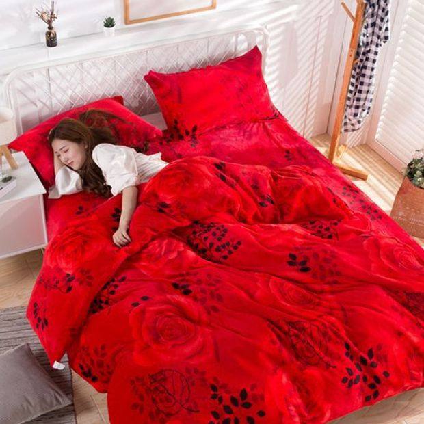 Warm Four-Piece Set, Thickeneded Flannel Quilt Cover, Bed Sheets, Pillowcases, Double-Sided Plush Quilt Cover, Coral Velvet Three-Piece Set Factory