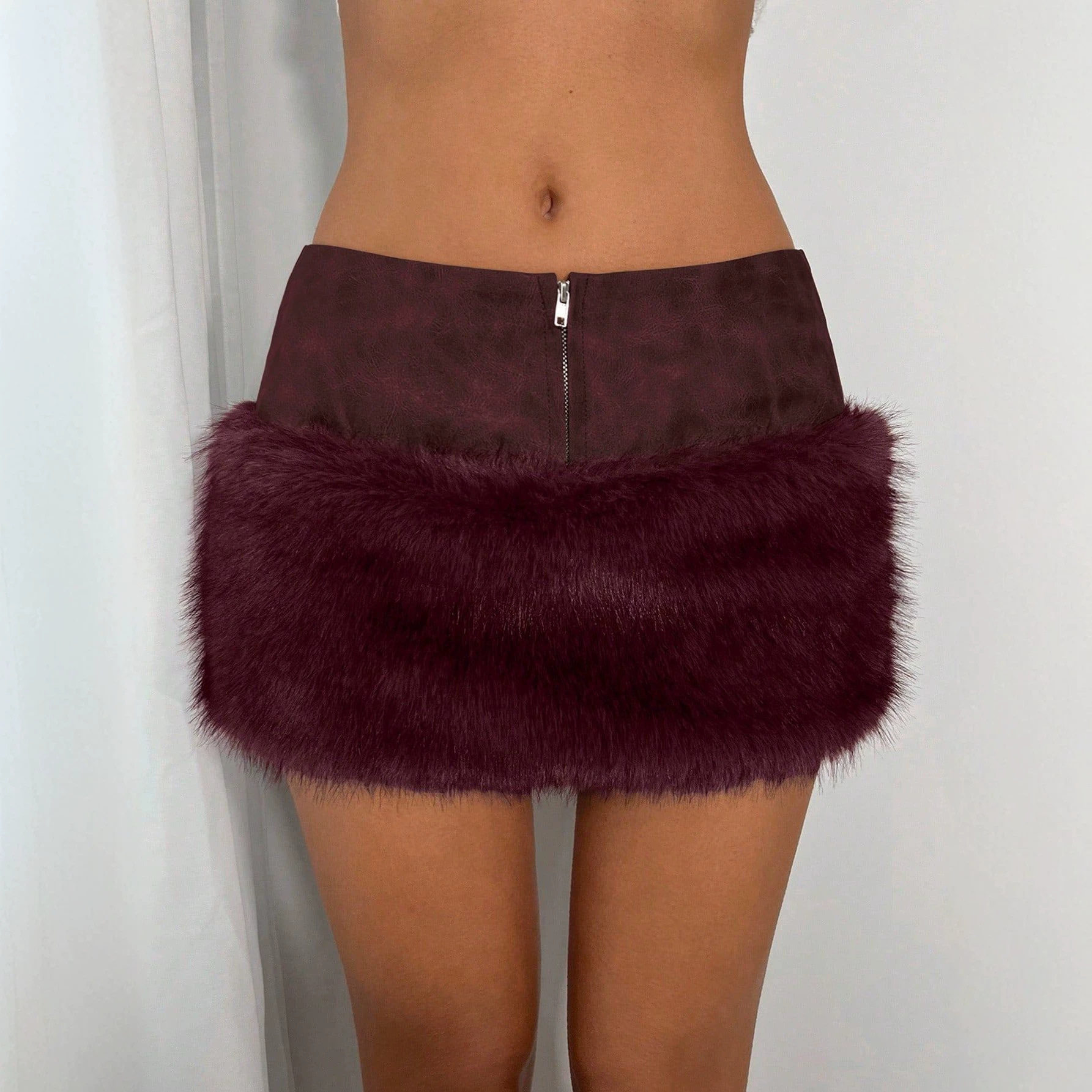Bodycon Mini Skirt Faux Fur Patchwork Low Waist Sexy Fit Night Out Party Wear Ready to Ship