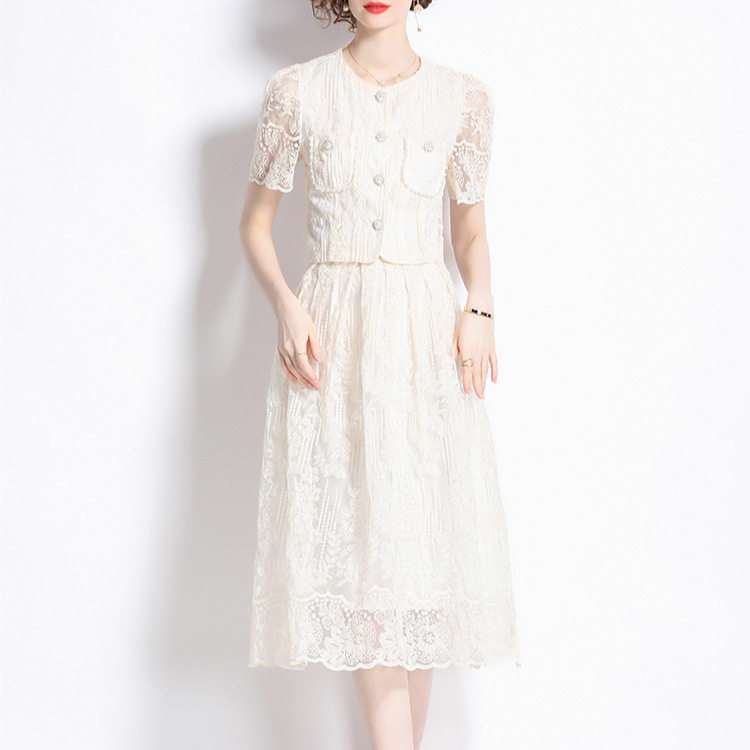Elegant Womens Two Piece Set French Lace Puff Sleeve Blouse High Waisted Slim Skirt Perfect for Formal Occasions
