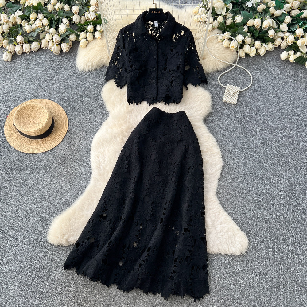 French Style Elegant Hollow Lace Two Piece Set Short Sleeve High Waist Fashionable for Spring and Autumn Wholesale