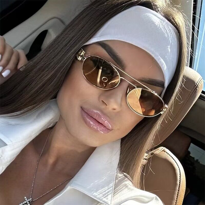 European and American Cone High-End Sunglasses Miaojia Catwalk Style Metal Frame Oval Dark Green Retro Korean Style Sunglasses for Women