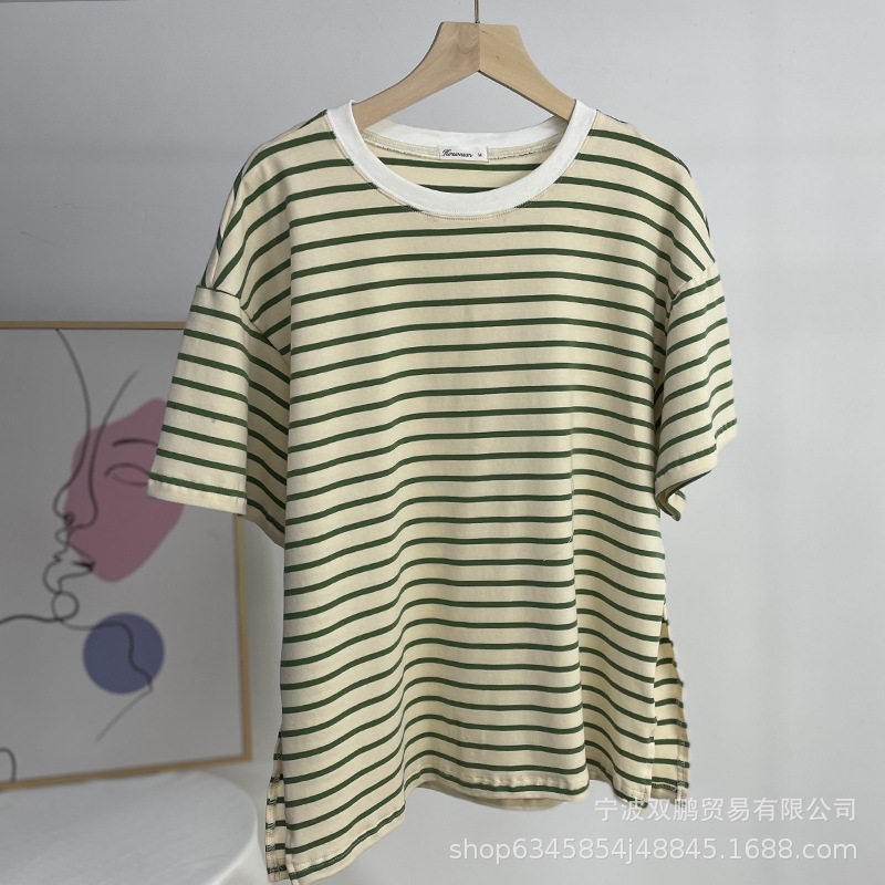 Womens Striped Cotton T Shirt Loose Fit Long Sleeve Split Hem Casual Spring Summer Style Wholesale Available