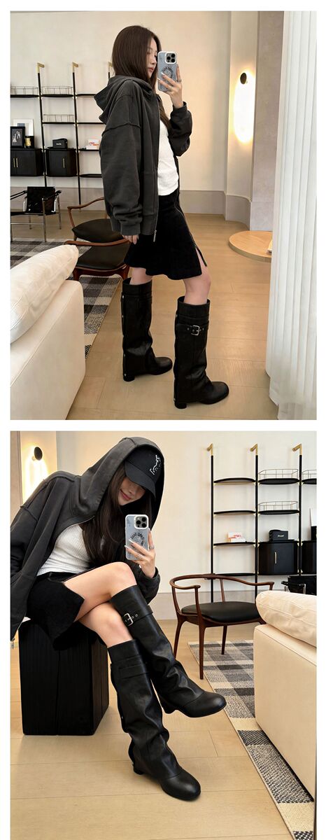 Boot nữ cổ cao gót thô 5.5cm, ống rời tháo được hai kiểu, khóa thắt lưng, mũi vuông — màu đen, Màu nâu đậm