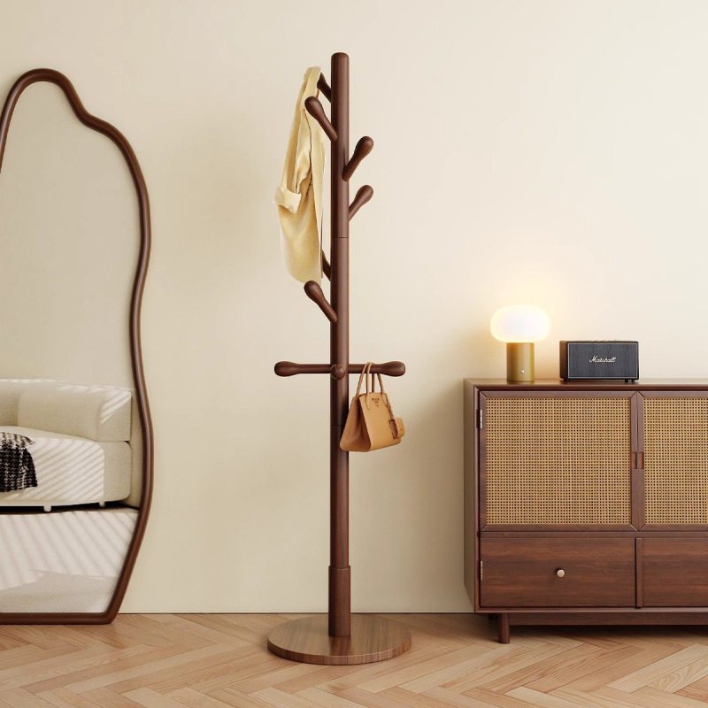 Solid Wood Thickened Coat Rack for Home Bedroom Beech Wood Clothes Rack Floor-Standing Simple Single Pole Clothes Drying Bag Rack