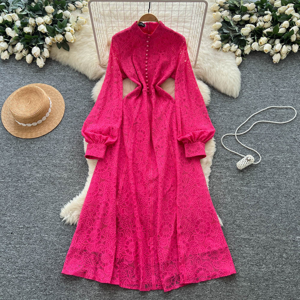 French Court Style Dress Elegant Lace Slim Fit Single Breasted Long Sleeve Autumn Fashion for Women Wholesale
