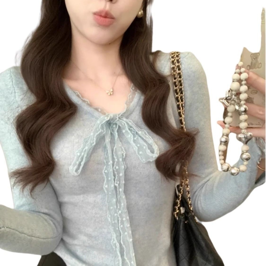 Apricot Lace Bow V Neck Long Sleeve T Shirt for Women Soft Fabric Irregular Hem Spring Layering Top