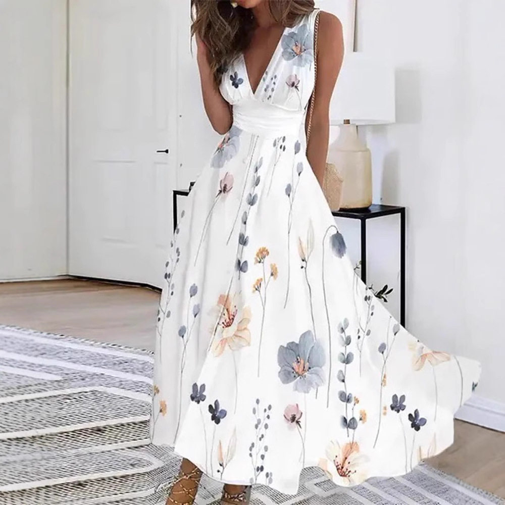V Neck High Waisted Sleeveless Floral Dress Elegant Summer Style Perfect for Parties and Casual Outings Wholesale