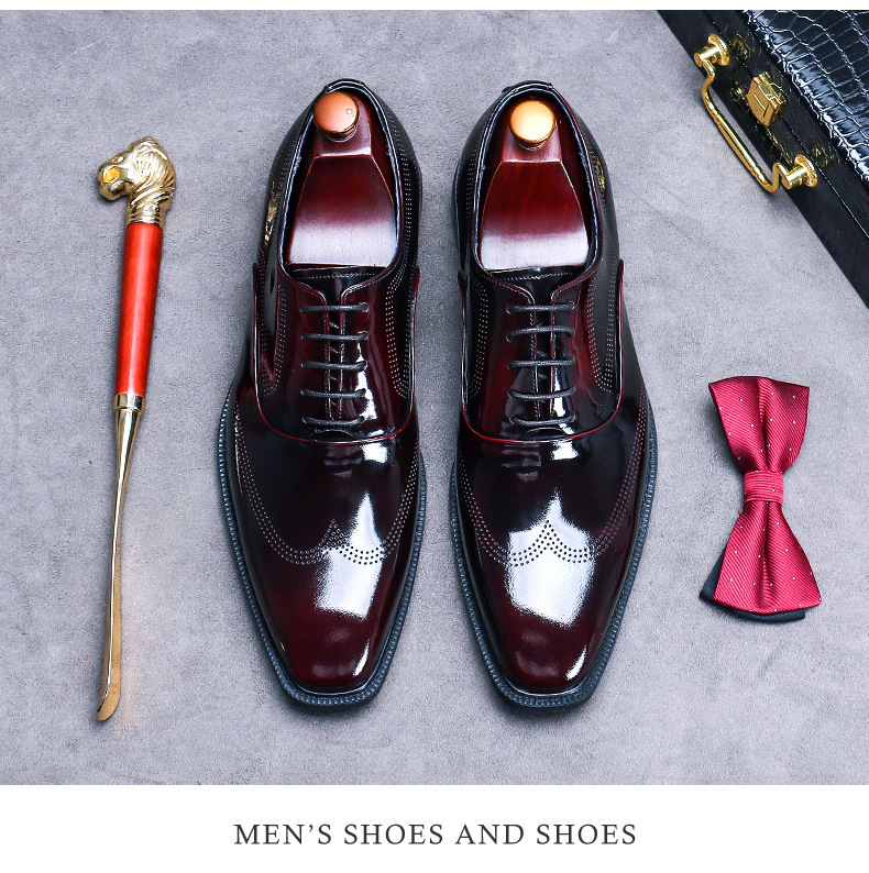 Giày Oxford nam da bò bóng buộc dây kiểu Anh công sở — Màu đen, Màu đỏ rượu