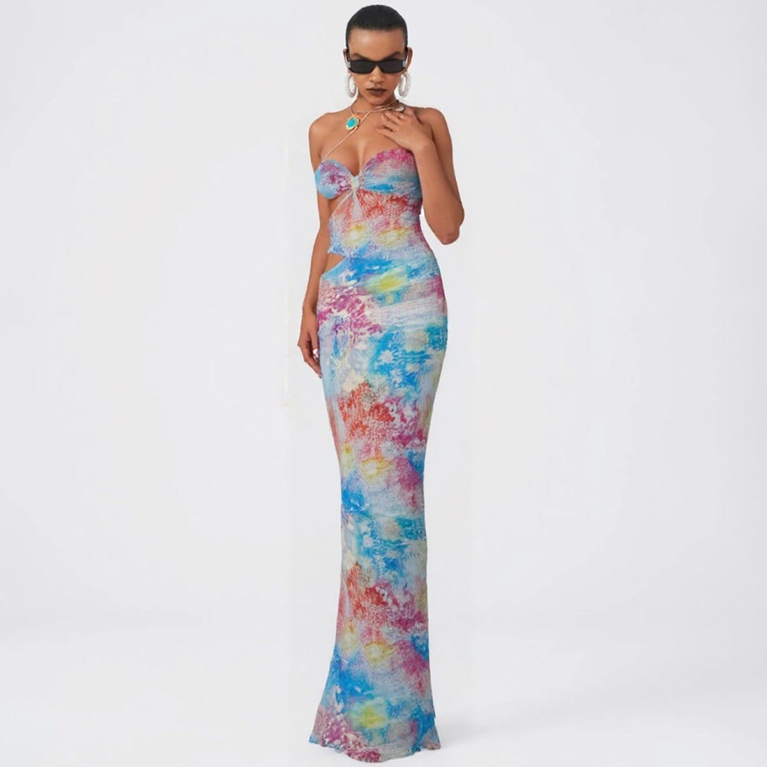Sleeveless Color Block Printed Bodycon Maxi Dress Hollow Out Design Sexy Fit Spring Summer Fashion Wholesale Available