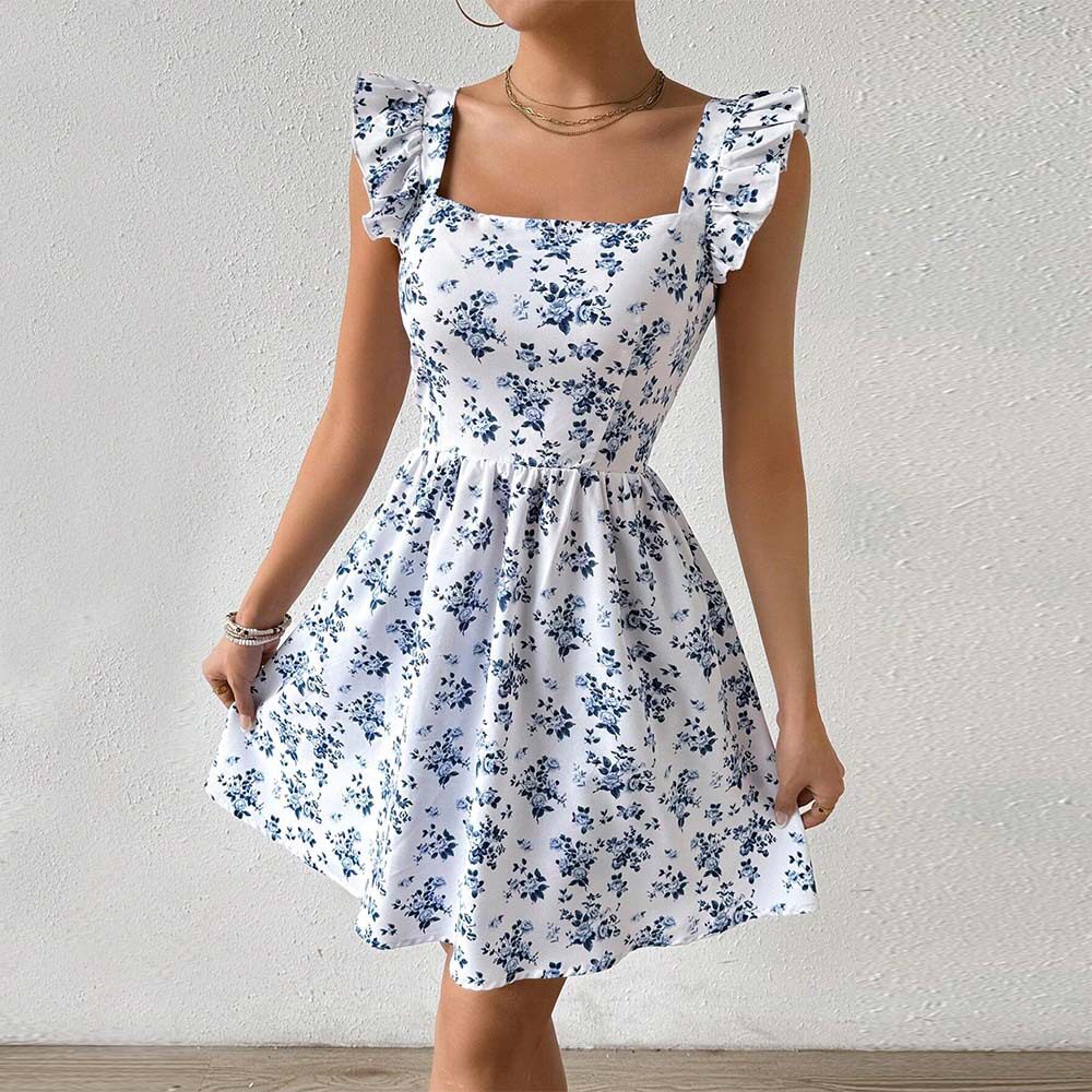 Floral Print Backless Dress Sweet Slim Fit Ruffled Sleeves Spring Summer Style Wholesale Available