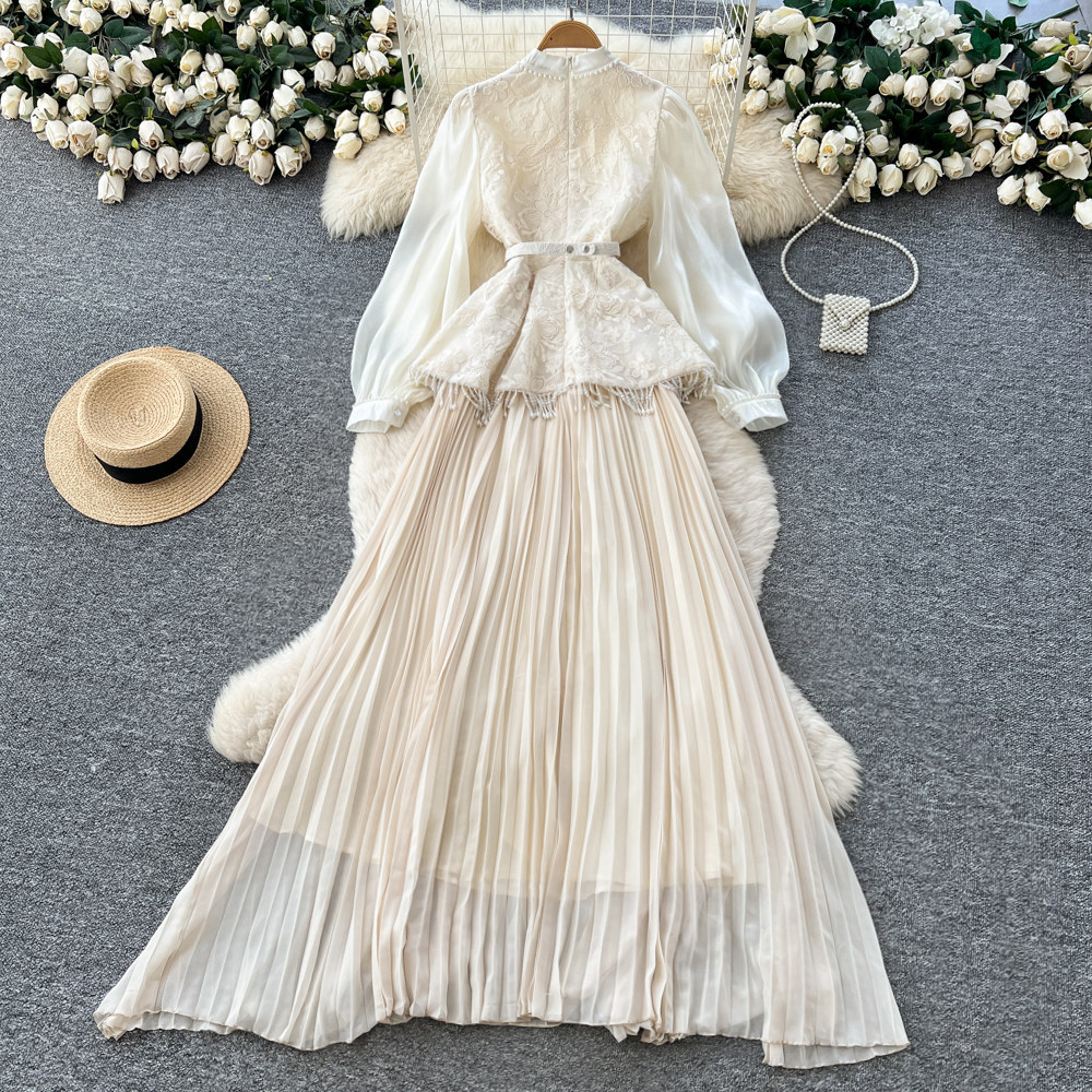 French Style High End Beaded Lantern Sleeve Tassel Dress Waist Tie A Line Silhouette Elegant for Office Wear