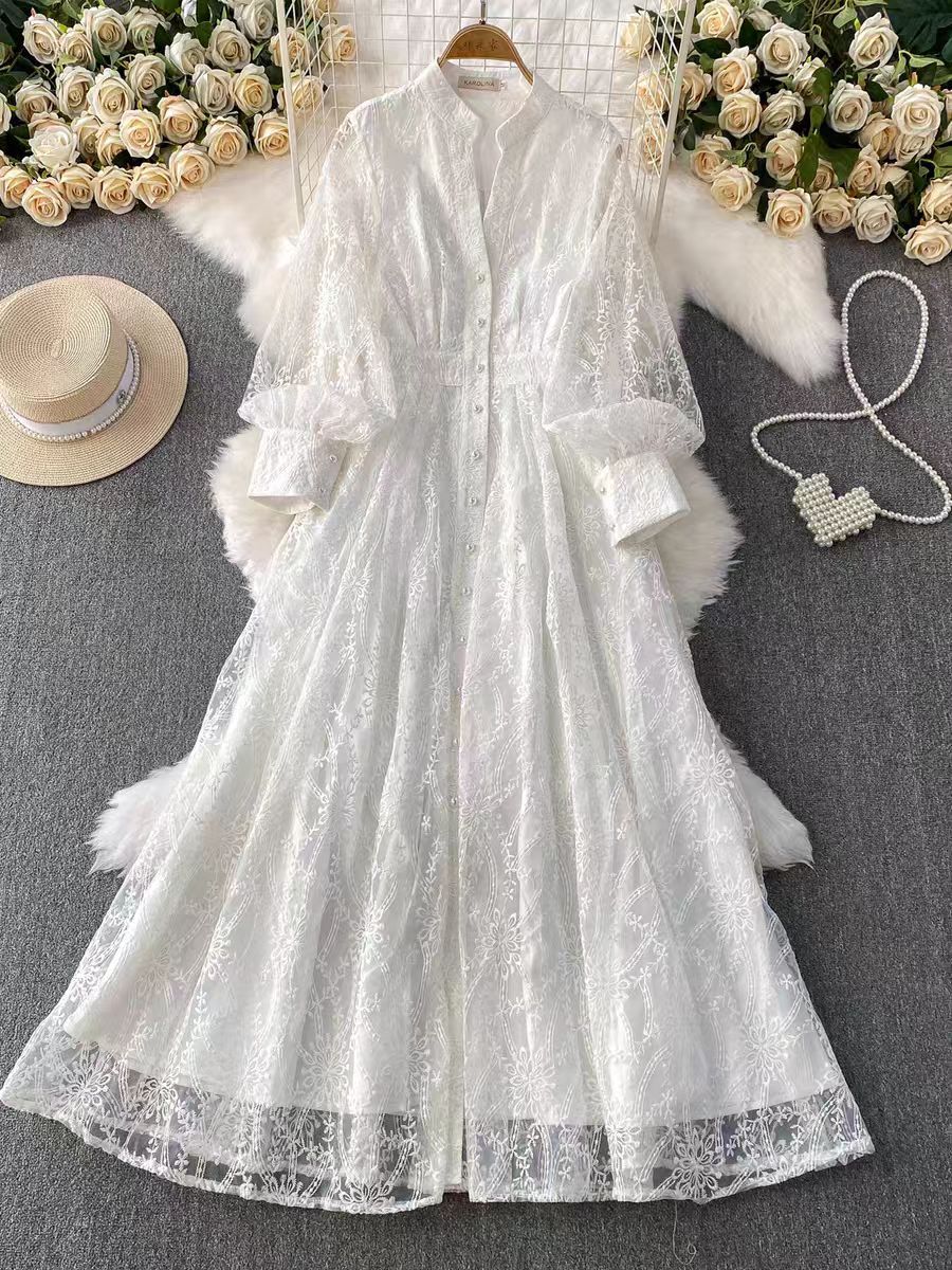 French Vintage Elegant Dress High End Aesthetic Stand Collar Single Breasted Embroidered Waist Defining Evening