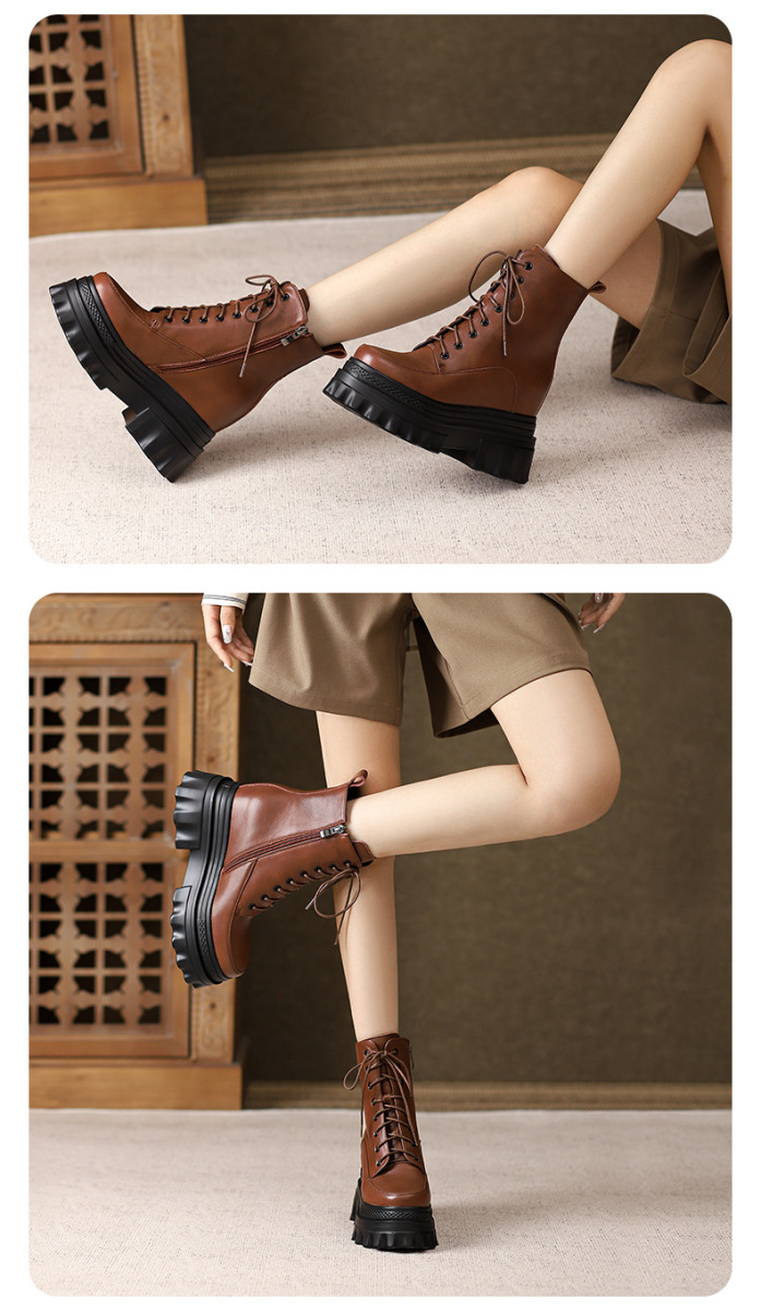 Boot Martin nữ đế dày tăng chiều cao 10cm, cổ thấp gót nêm da bò thật — Lớp lót đơn màu đen, Lớp lót đơn màu nâu sẫm, Lớp lót nhung đen, Lớp lót nhung màu nâu sẫm