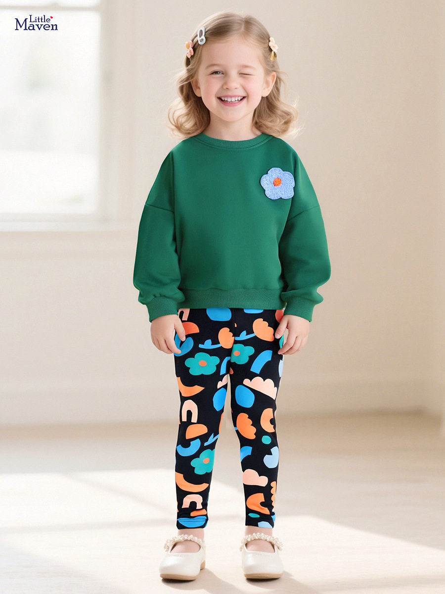 Fall & Winter Girls' Fleece-lined Long-sleeve Hoodie Set, Casual Girls' Outfit