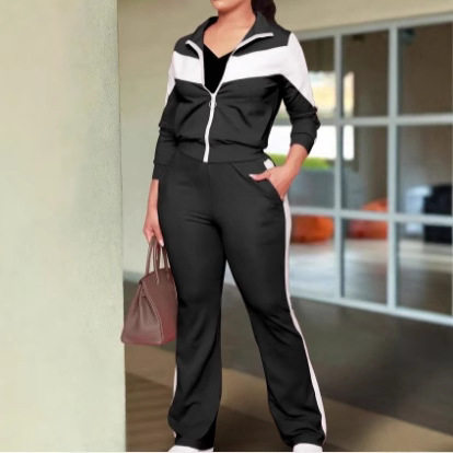 春秋爆款女士套装时尚舒适撞色运动风拉链外套和休闲长裤两件套