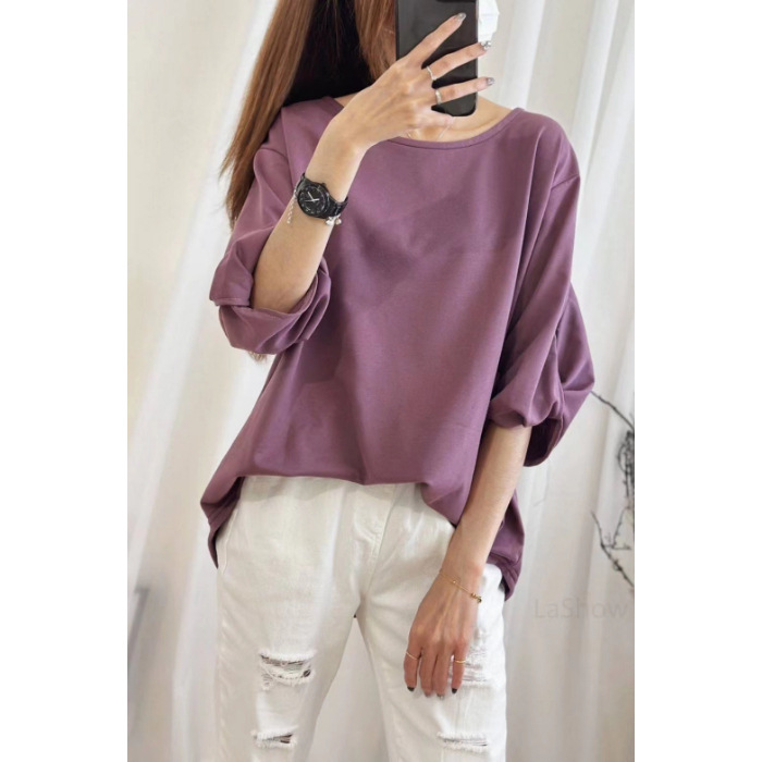 跨境爆款七分袖T恤女年早秋季新款时尚宽松遮肉显瘦半袖上衣ins风