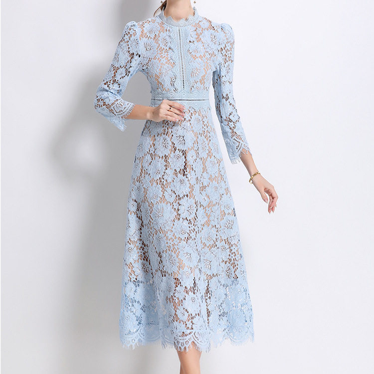 French Elegant A Line Dress Round Neck Hollow Lace Waist Defining Slim Fit Autumn Fashion for Special Occasions