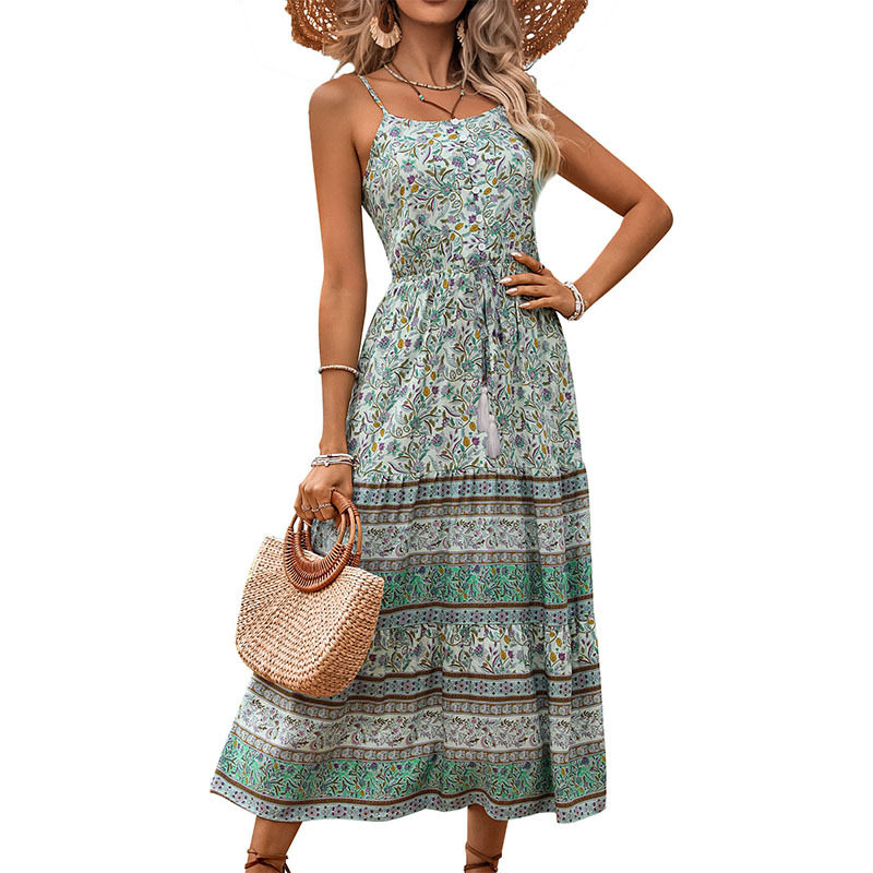 Vintage Floral Print Maxi Dress Sleeveless Bohemian Style Ideal for Travel and Vacation Wholesale Available