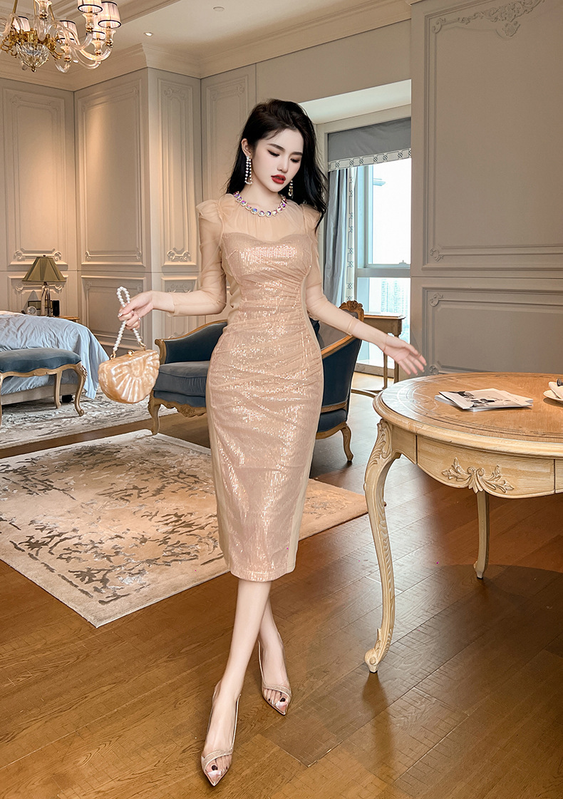 Đầm dạ hội vàng sang trọng dài tay đính đá phối lưới sequin tôn dáng — Màu vàng sương mù