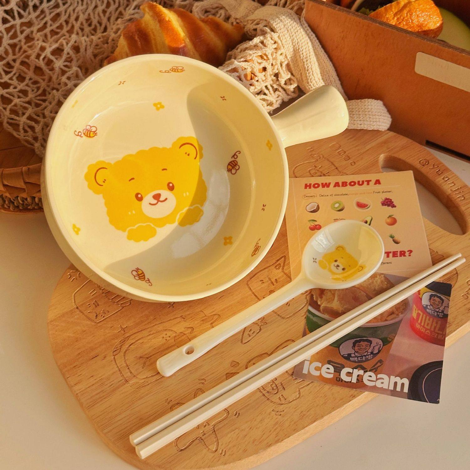 Strawberry Bear Ceramic Handle Bowl Household Cute Rice Bowl Oven Special Baking Bowl Student Dormitory Single Handle Instant Noodle Bowl