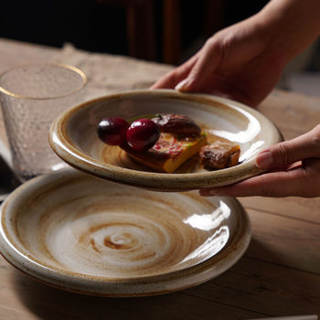 Japanese Style Coarse Pottery Dish Household Reverse Plate Retro Ceramic Private Cuisine Homestay Hotel Commercial Soup Dish Deep Plate