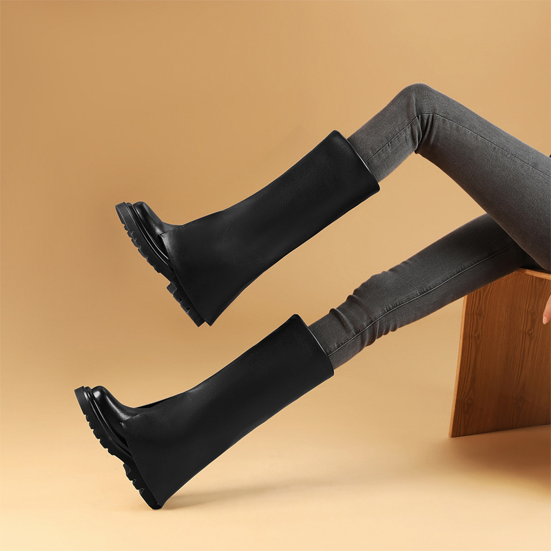 Boot Cổ Cao Nữ Cao 10cm Cổ Cao Qua Gối Tăng Chiều Cao Hàng Mùa Xuân Thu Đông