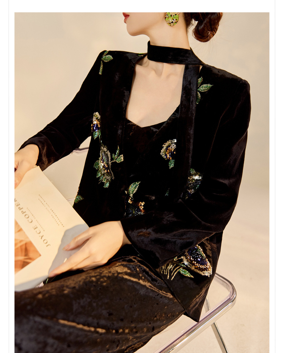 Áo khoác dạ thêu sequin dáng rộng cổ chữ V nữ — Áo khoác ruy băng vàng đen (Giao hàng trong 7 ngày), Áo khoác ruy băng vàng đen (giao hàng trong ngày)