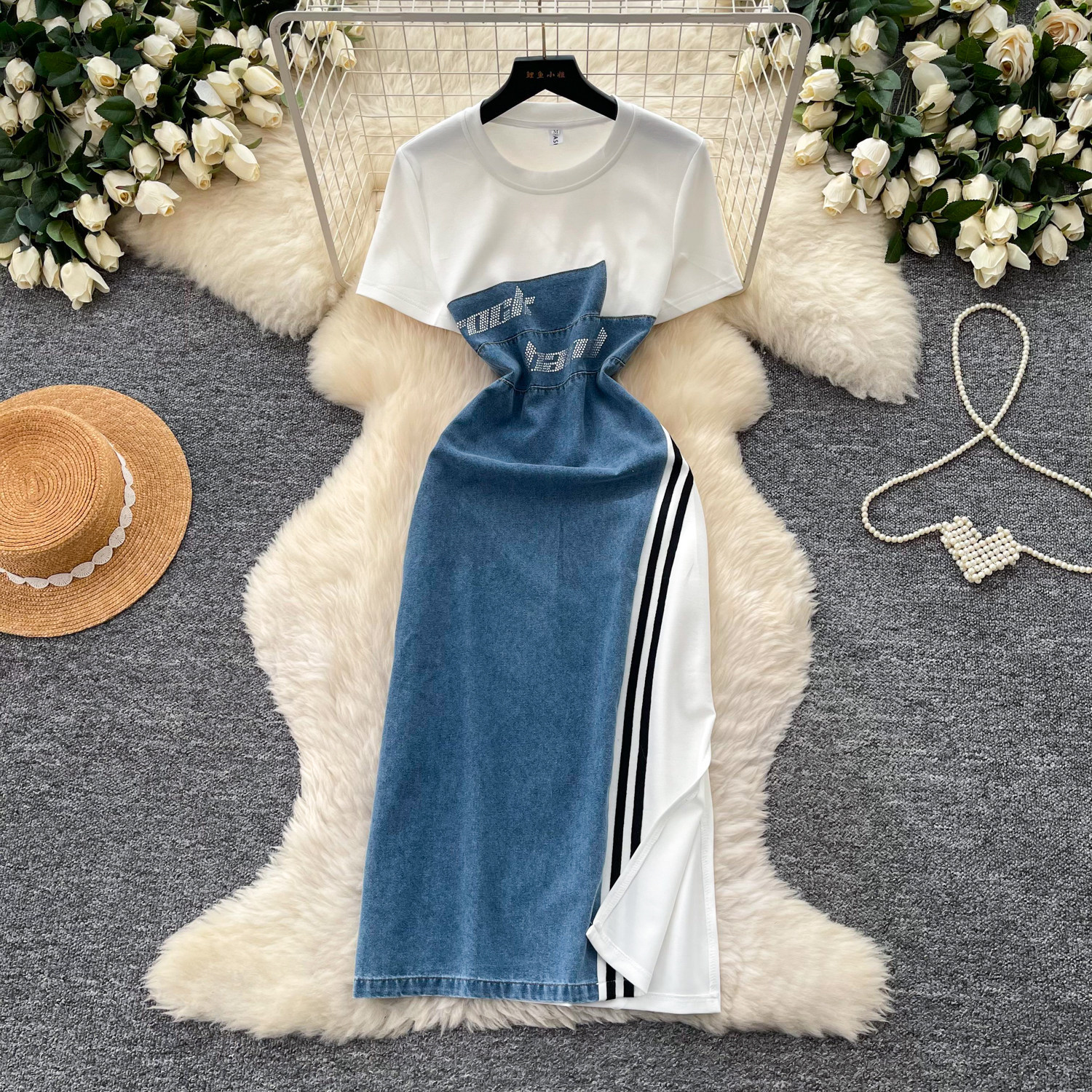 Korean Style Two Piece Look Round Neck Dress Summer Slim Fit Waist Defining A Line Denim Casual Office Wear