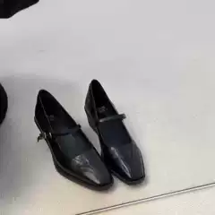 In Stock Black Mary Jane Shoes Women Genuine Leather Square Toe 2026 Spring Chunky Heel Commute French Style Ankle Strap Low Cut Flats
