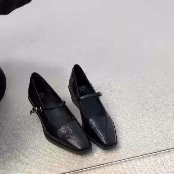 In Stock Black Mary Jane Shoes Women Genuine Leather Square Toe 2026 Spring Chunky Heel Commute French Style Ankle Strap Low Cut Flats