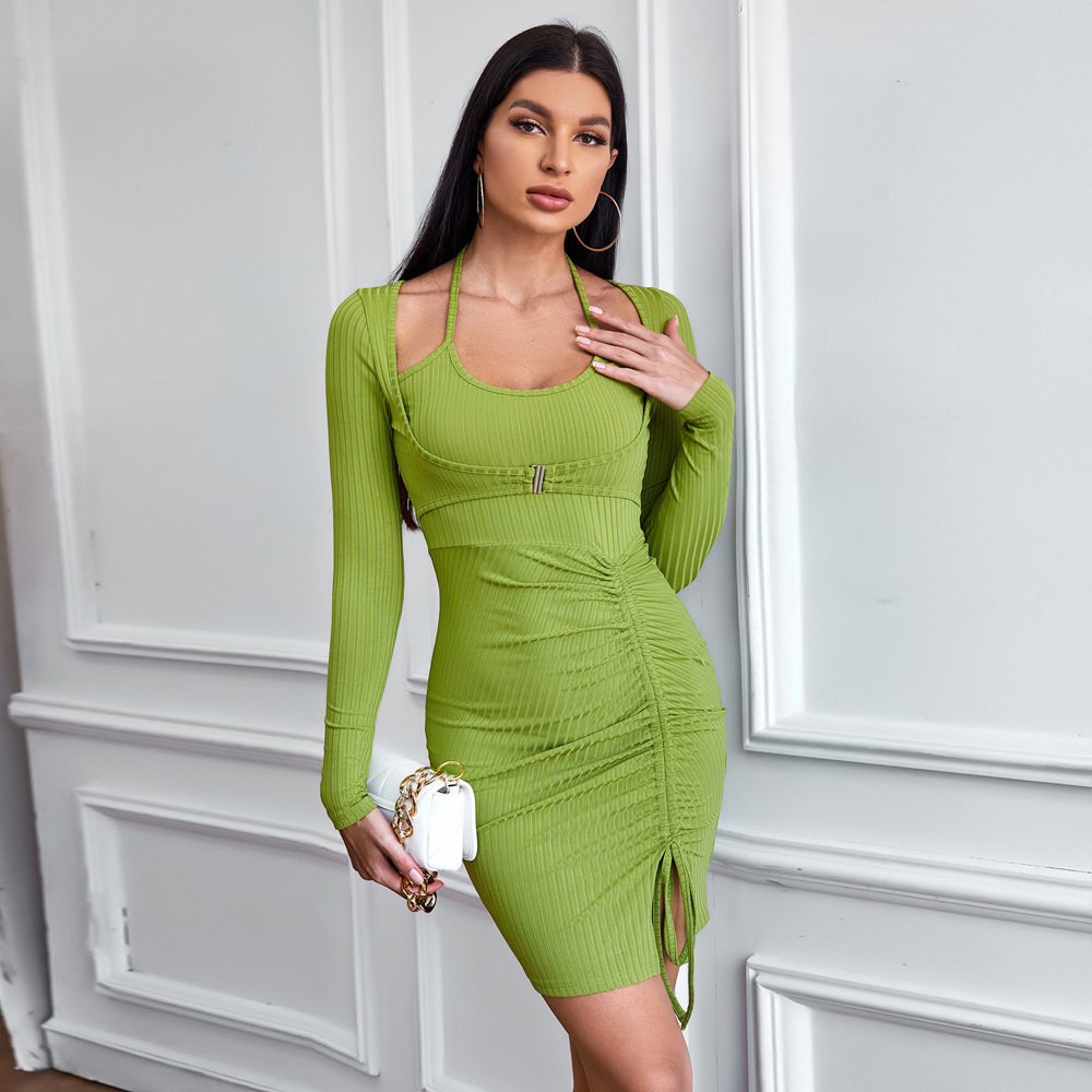 Womens Bodycon Mini Dress Two Piece Look Ruched Design Long Sleeve Knitted Fabric Perfect for Parties or Casual